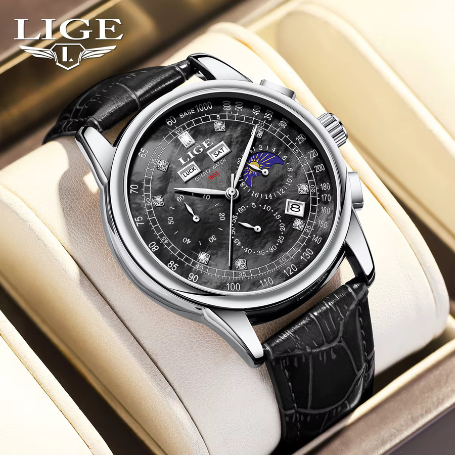 LIGE Chronograph Armbanduhr, Quarz, Blau, Leder, Herren - Bild 6