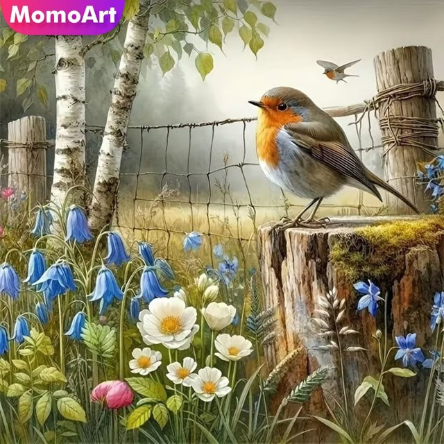 Momoart Diamond Painting Set Vogel und Blumen mit runden Diamanten in Multicolour für Wandkunst - Bild 1