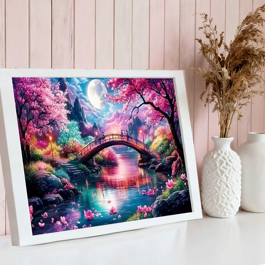 Huacan Diamant-Mosaik-Set Naturlandschaft mit Kirschblüte und Brücke, Mehrfarbig, B/H: 30 x 20 cm - Bild 3