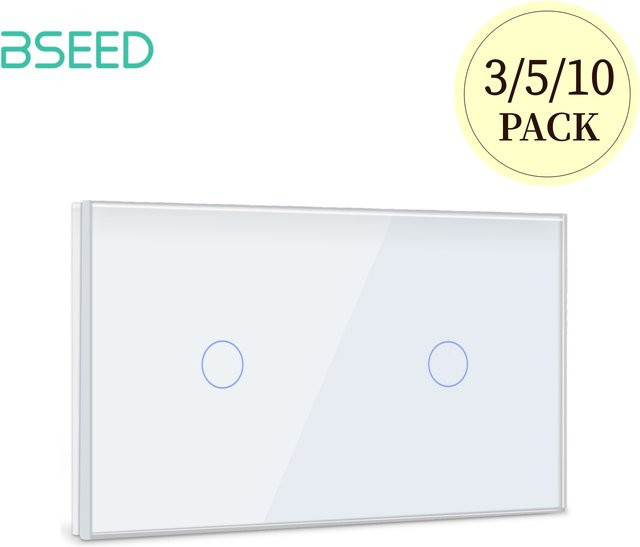 BSEED Touch-Schalter doppelt, 1 Gang, 1 Weg, Wandlichtschalter mit blauem LED-Hintergrund und Glas-Sensorbildschirm, Weiß - Bild 1