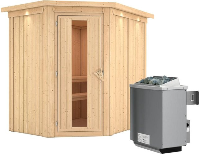 Karibu Sauna CARIN mit 9,0 kW Ofen, integrierter Steuerung und Dachkranz, B/T/H: 198 x 151 x 165 cm - Bild 1