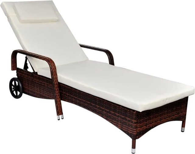 vidaXL Sonnenliege aus Poly Rattan mit Polster und Rollen in Braun, B/T/H: 198 x 66 x 30-98 cm - Bild 1