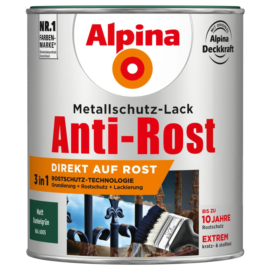 Alpina Metallschutz-Lack Anti-Rost Dunkelgrün matt 0,75 l - Bild 2