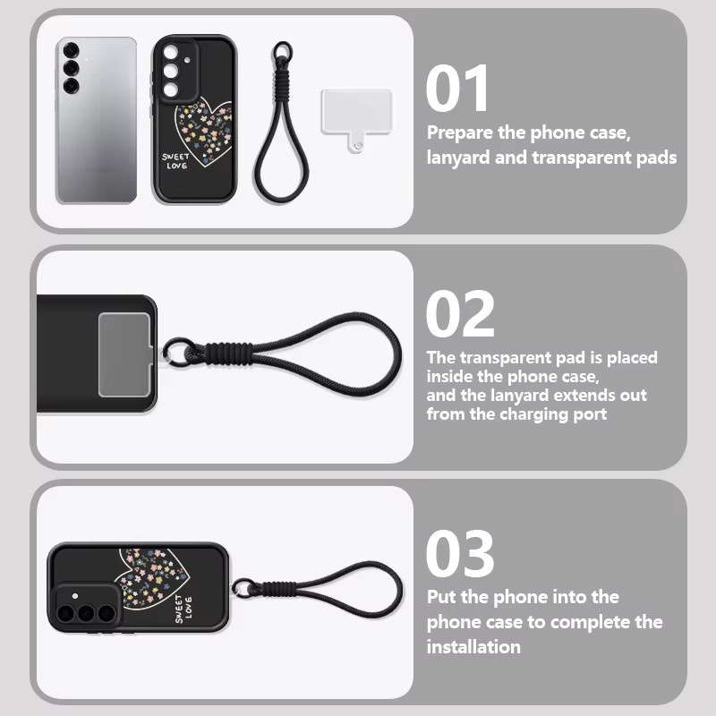 Samsung Handyhülle mit süßem Herzchen-Lanyard in Schwarz für Galaxy S25 S24 FE S26 S23 S22 Ultra A57 A37 A56 A16 A17 A26 A55 A15 A54 Cover - Bild 3