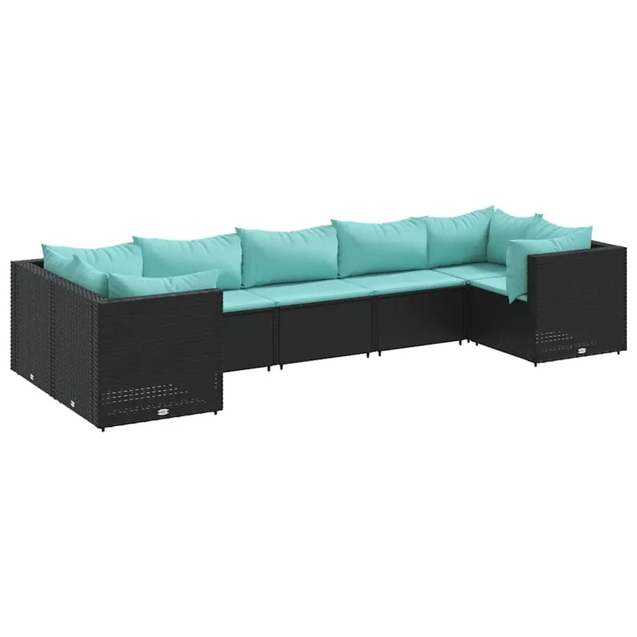 vidaXL 7-teiliges Garten-Lounge-Set in L-Form mit Kissen, Schwarz und Blau, aus Poly-Rattan und Metall - Bild 2
