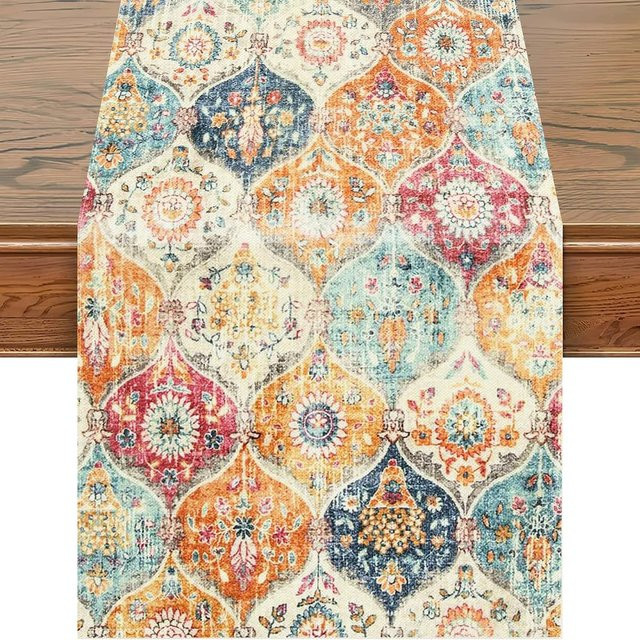 VIKAMA Tischläufer im Boho-Stil mit buntem Blumenmuster, Orange, Rosa und Blau, B/H: 90 x 33 cm - Bild 1