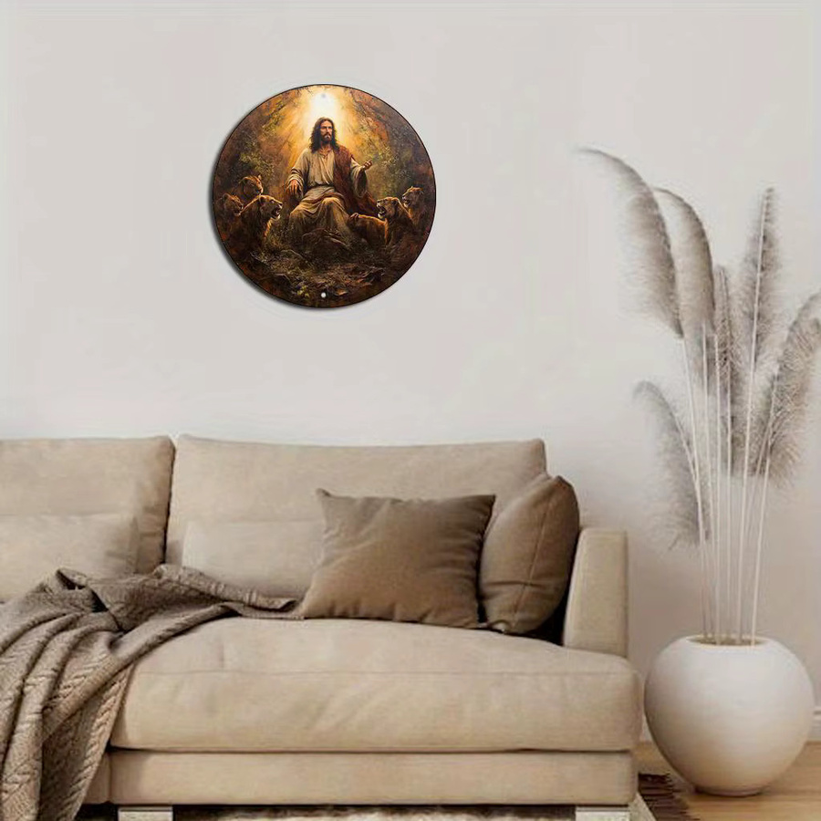 Potdemiel Rundes Metallschild im Vintage-Stil mit Jesus im Löwen-Den-Motiv, Durchmesser: 20 cm, Mehrfarbig - Bild 4