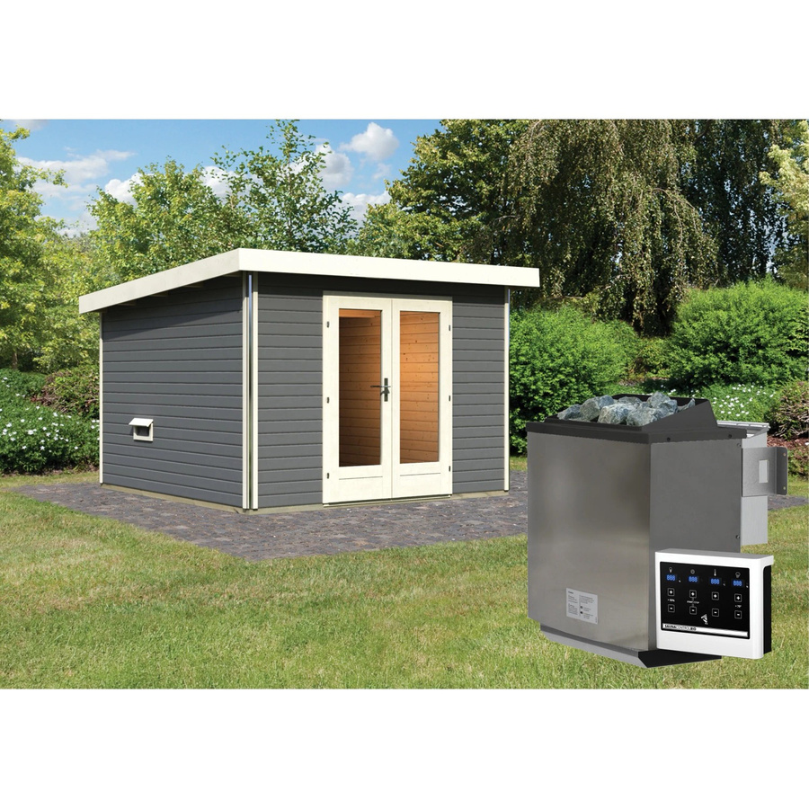 Karibu Saunahaus Magnus 1 Set B aus nordischer Fichte in Terragrau mit 9 kW Bio-Saunaoferen und externer Steuerung - Bild 2