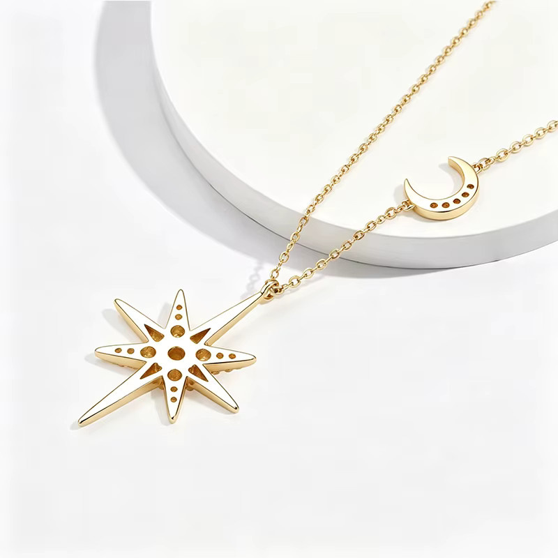 OXTAO Halskette, Stern-Mond-Anhänger, Moissanit, 14 Karat Gold gefüllt, Diamant - Bild 2
