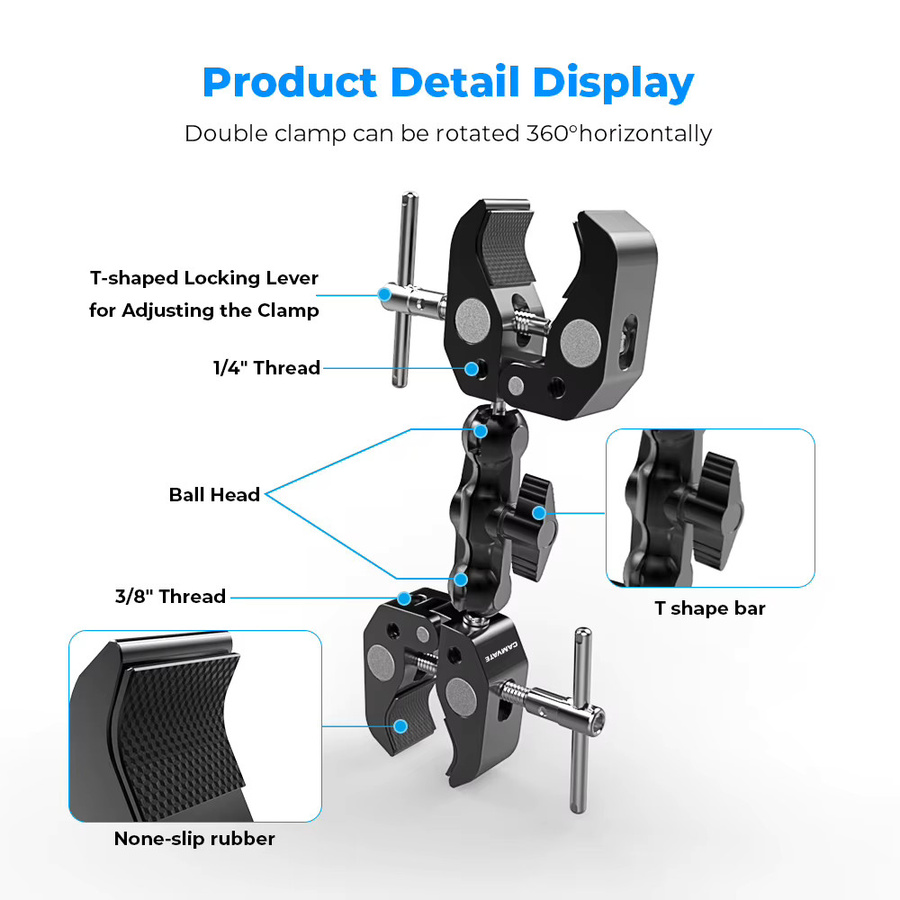 CAMVATE Super Clamp Kamera Clamp Mount Set mit Magic Arm und 2 Stück Super Clamp Crab in Schwarz für DSLR-Kamera und GoPro sowie LED-Licht - Bild 3