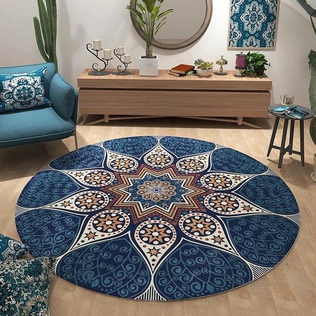 Runder Teppich JGJG mit ethnischem Wellenmuster und Mandala-Design in Blau, Durchmesser: 60 cm - Bild 1