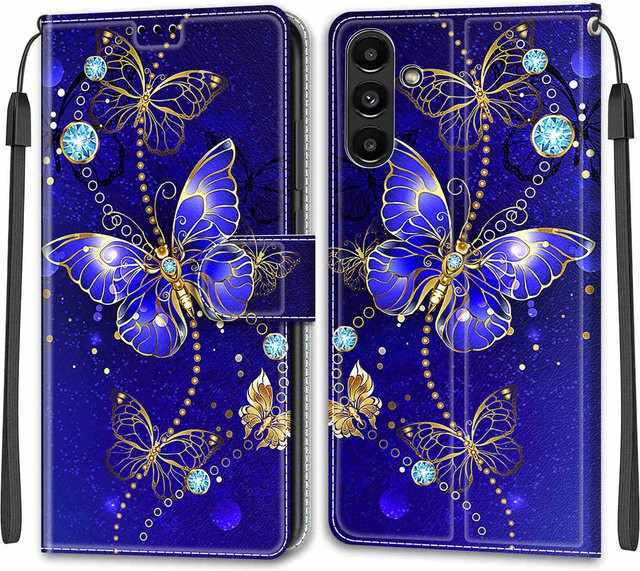 Luxuriöse bemalte Ledertasche im Brieftaschen-Stil als Schutzhülle für Samsung Galaxy A-Serie in Blau - Bild 1