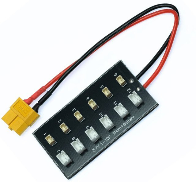 RC-Lade-Balance-Board mit 12 Anschlüssen für 1S LiPo, inklusive Micro JST 1.25, JST-PH und XT60 Ladekabel, Schwarz - Bild 1