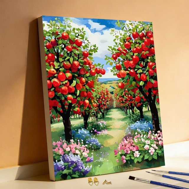 Huacan Malen nach Zahlen Set Apfelbaum Blumen-Landschaft Digitales Ölgemälde in Multicolour - Bild 1