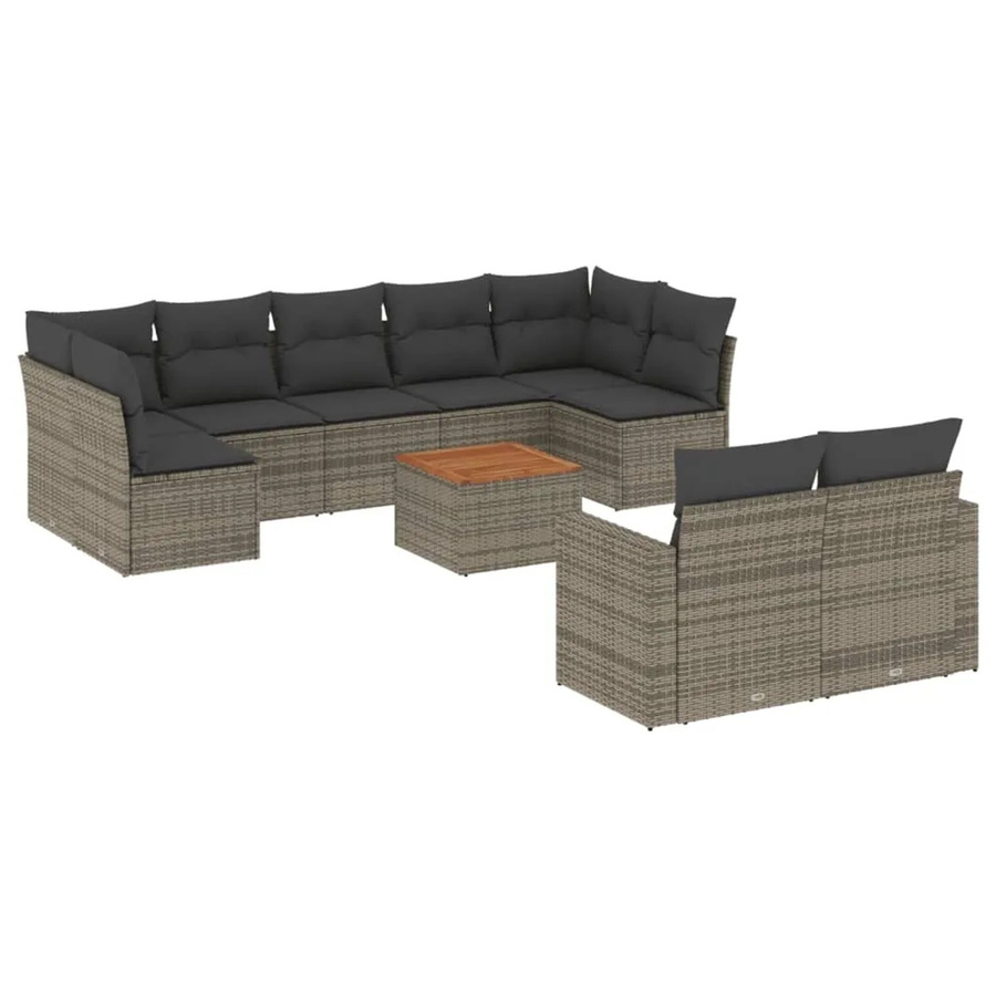 vidaXL 10-tlg. Garten-Sofagarnitur in L-Form aus Polyrattan und Akazienholz mit grauen Kissen - Bild 2