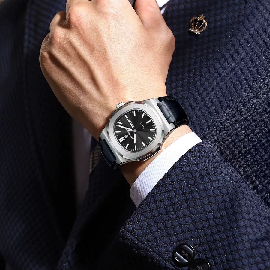 POEDAGAR Armbanduhr, Quarz, Leder, Schwarz, Silber, Herren - Bild 5
