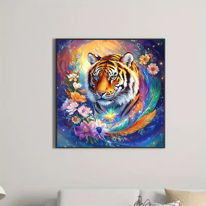 Huacan Diamant-Gemälde Tiger Mosaik-Bild mit Blumen in Multicolour, Rund, B/T/H: 20 x 20 x 20 cm - Bild 2