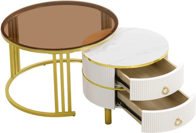 okwish Couchtisch mit 2 Schubladen und Glasplatte in Weiß und Braun, B/T/H: 70 x 70 x 45 cm - Bild 1