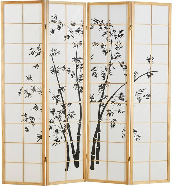 Homestyle4u 4-tlg. Shoji Paravent aus Holz und Reispapier mit Bambusmotiv in Braun und Weiß, Höhe: 176 cm, Breite: 179 cm - Bild 1