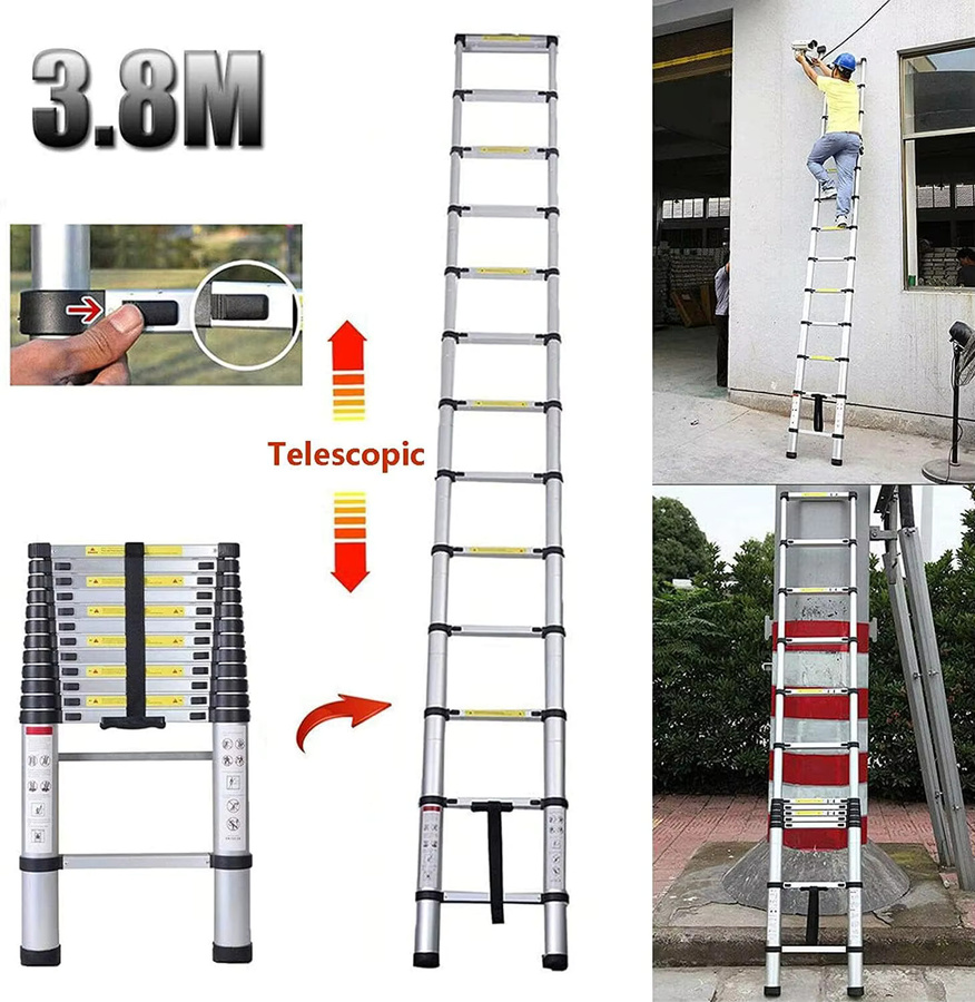 DayPlus Teleskopleiter aus Aluminium in Silber, faltbare Mehrzweckleiter mit rutschfesten Füßen, Höhe: 380 cm - Bild 2