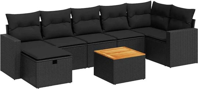 vidaXL 8-teilige Garten-Sofagarnitur in L-Form aus schwarzem Poly-Rattan mit Kissen und pulverbeschichtetem Stahlrahmen - Bild 1