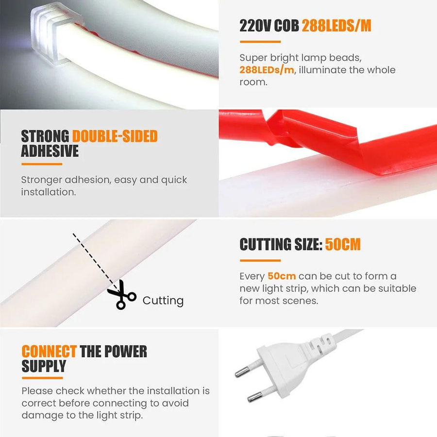 GuangZhouZhenqin LED COB Strip Licht Set in Cool White, Wasserdicht IP67 Silikonschlauchlicht mit EU Strom-Kit, 220V Lineare Beleuchtung, Länge: 5,0 m - Bild 2