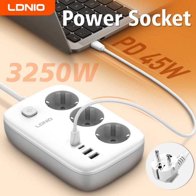 LDNIO Steckdosenleiste in Weiß mit USB-C Schnellladung 45 W, 2500 W und 2 m Verlängerungskabel inklusive Überspannungsschutz - Bild 1