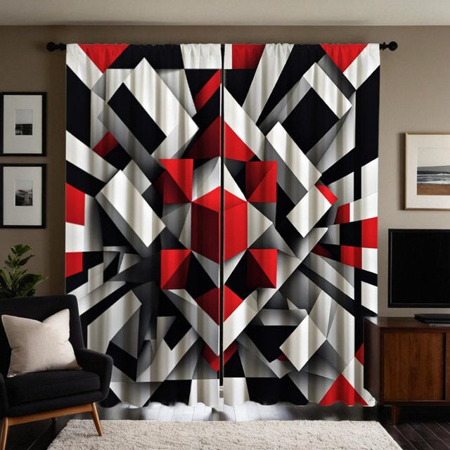2-teiliges Set moderne Vorhänge mit geometrischem Schwarz-Weiß-Dreiecksmuster, halbtransparent, Farbe: Weiß, B: 132 cm, H: 160 cm - Bild 1