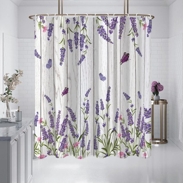 Duschvorhang von Household supplies MH mit lila Lavendel Blumenmuster, wasserdicht und schimmelresistent, B/H: 180 x 180 cm - Bild 1