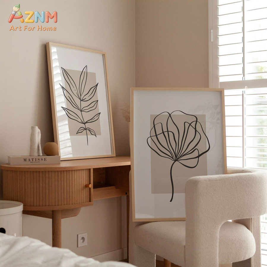 AZNM Minimalistischer Botanik-Leinwanddruck mit Linienkunst in Beige und Schwarz, ungerahmte moderne Wandkunst mit Blumen- und Blattmotiven im Boho-Stil - Bild 3