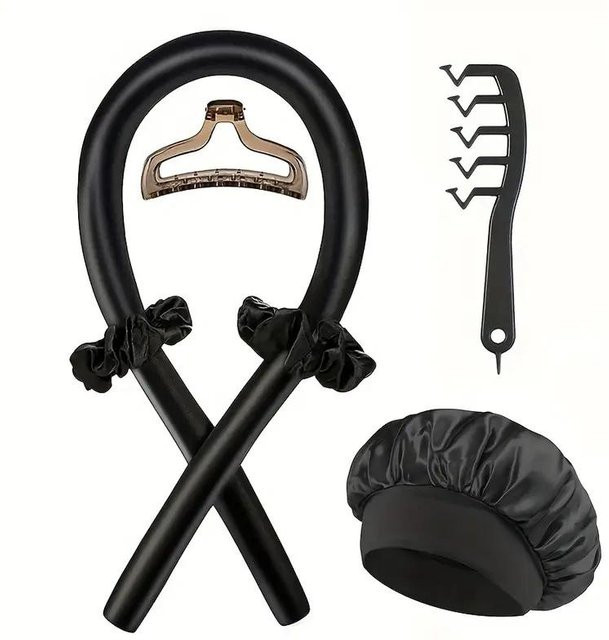Jewelry And Kimono Accessories YULIN-004 Lockenstäbe Satin Schlafhaube Set, Schwarz, für normales Haar - Bild 1