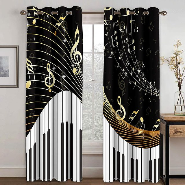 2er-Set lichtdurchlässige Vorhänge mit abstraktem Musik- und Klaviernoten-Design in Schwarz, Breite: 50 cm, Höhe: 130 cm - Bild 1