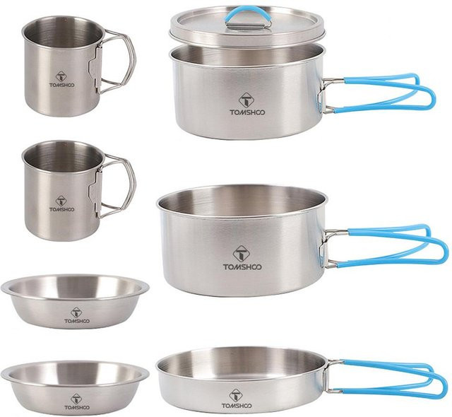 TOMSHOO Outdoor Camping Kochgeschirr Set für 2 Personen aus Edelstahl mit Pfanne und Stiel in Weiß und Silber - Bild 1