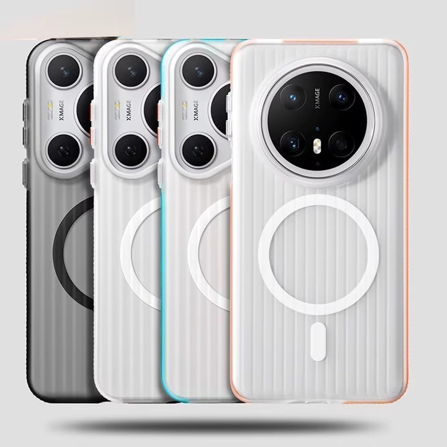 Transparente Magnethülle mit mattierten Streifen für Huawei Pura 80, Pura 70 Ultra, Mate 70 und Mate 60 Pro Plus, MagSafe kompatibles Hard Cover aus PC und Wellpappe, Weiß - Bild 1