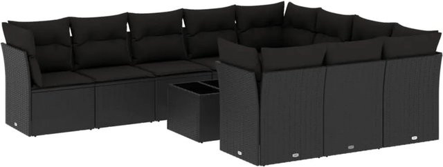 vidaXL 11-tlg. Garten-Sofagarnitur in U-Form aus Polyrattan mit Kissen und Tisch in Schwarz - Bild 1