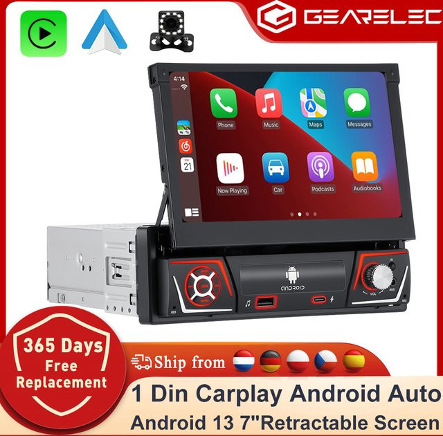 GEARELEC 1-DIN Android Autoradio mit 7 Zoll IPS ausfahrbarem Bildschirm, Carplay, GPS-Navigation und Multimedia-Videoplayer, Schwarz - Bild 1