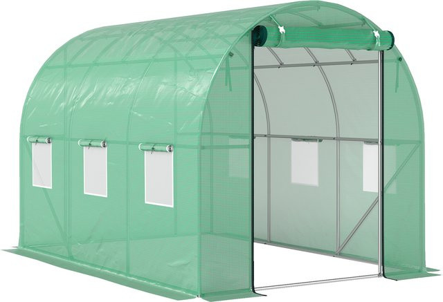 Outsunny Gewächshaus Grün, UV-beständiges Foliengewächshaus mit 6 Fenstern und Rolltür, Winterfestes Tomatenhaus mit Erdanker, B/T/H: 300 x 200 x 200 cm - Bild 1