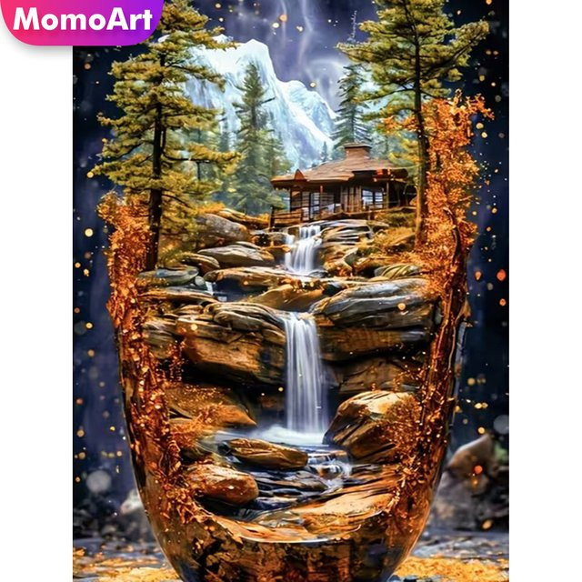 Momoart Diamant-Mosaik Set Haus-Landschaft mit Fluss als DIY Stickerei in Multicolour, B/H: 30 x 20 cm - Bild 1