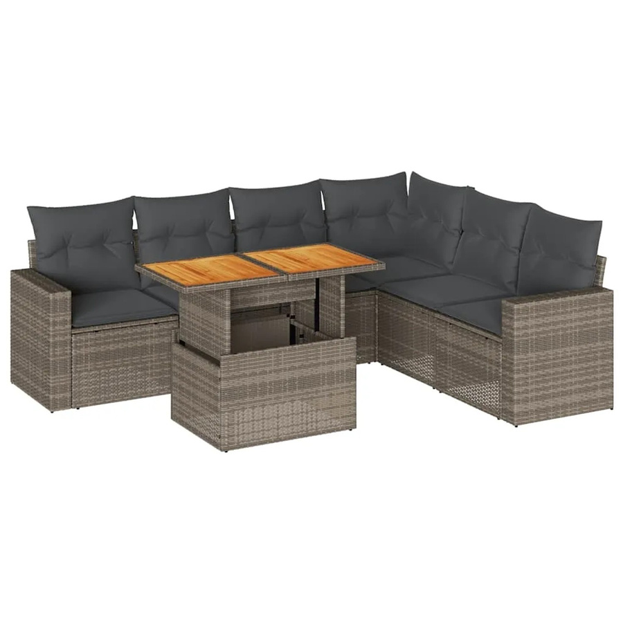 vidaXL 7-teilige Garten-Sofagarnitur aus Poly-Rattan und Akazienholz in Grau mit Kissen - Bild 2