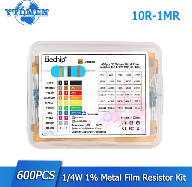 YTDMEN Metallschichtwiderstandssatz mit 30 Werten von 10 Ohm bis 1M Ohm, 1/4W (0,25W) und 1% Toleranz, 300/600 Stück Set - Bild 1