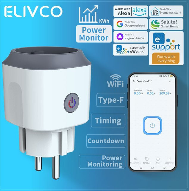 Elivco eWelink Smart Plug 16A WLAN-Steckdose in Weiß mit Timer, Countdown und Leistungsüberwachung, kompatibel mit Google Assistant, Alexa, Alice und Salute - Bild 1