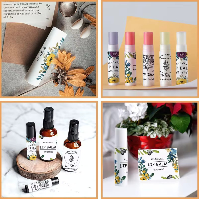 100 selbstklebende Lippenstift Etiketten in 4 Designs mit Blumenmotiven und Schriftzügen, Mehrfarbig, B: 5,33 cm x H: 4,32 cm - Bild 2