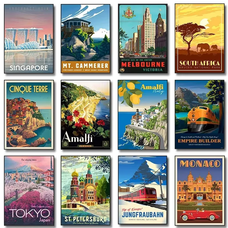 Potdemiel Vintage Reise Leinwand Wandkunst Bild mit Motiven von Tokyo, Amalfi Küste, Santorini und der Französischen Riviera in Mehrfarbig - Bild 2