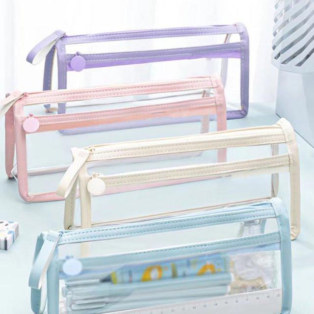 Transparentes PVC-Federmäppchen in Grün, wasserdichte doppellagige Stifttasche mit großem Fassungsvermögen für Schule und Make-up - Bild 1