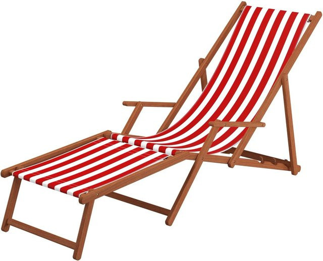 Erst-Holz Holz-Liegestuhl Sonnenliege aus Buchenholz mit rot-weiß gestreiftem UV-beständigem Stoff und verstellbarer Kopfstütze - Bild 1