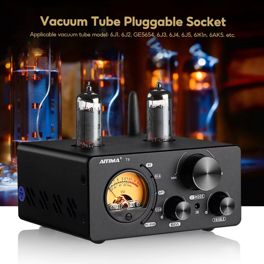 AIYIMA T9 HiFi Bluetooth 5.0 Röhrenverstärker mit USB DAC und VU-Meter in Schwarz - Bild 4