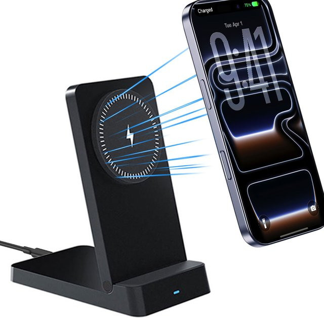 VIKEFON Magnetisches kabelloses Ladegerät 15W, faltbare Handyhalterung für iPhone 12 bis 17 Pro Max, Schwarz - Bild 1