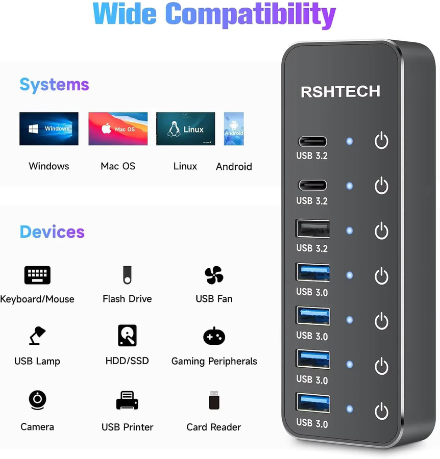 RSHTECH USB-C-Hub mit 7 Ports und 10 Gbit/s USB-C 3.2 Anschlüssen, schwarzer Laptop-USB-Splitter mit individuellen Touch-Switches und 5 V/3 A Netzteil - Bild 6