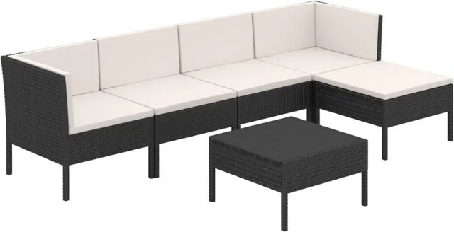 vidaXL 6-tlg Garten-Lounge-Set Modell 42 aus Poly Rattan in Schwarz mit Auflagen und Ottoman in L-Form - Bild 1