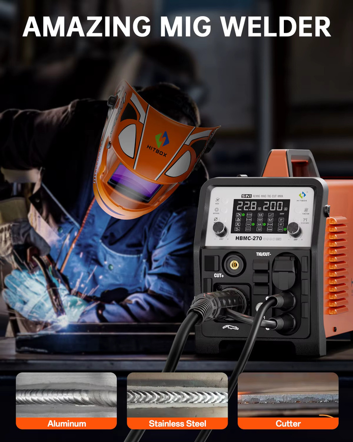 HITBOX HBMC270 6-in-1 Multiprozess-Schweißgerät mit MIG, TIG, MMA, Plasmaschneiden und Punktschweißen, tragbares Inverter-Schweißgerät für Aluminium, 220V - Bild 2